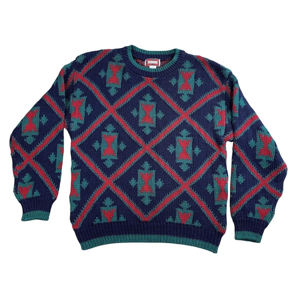 90s Vintage Gina Peters Sweater Womens M Geometric Chunky Knit Blue Red